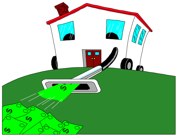 The cartoon shows a house with an open door being robbed by two characters who have stolen money from it; there's also a car driving away in front of the house carrying more cash.