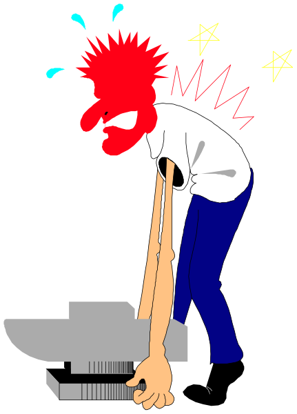 The image shows a cartoon of an animated character with red hair who appears to be experiencing pain or discomfort due to their posture; this is indicated by them holding onto something for support while standing on one leg, and there's visible tension in their back muscles as well as sweat drops above the head.