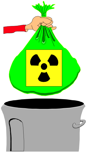 The cartoon shows a green bag with an atomic symbol on it being held by someone's hand from above; below is a trash can labeled "Radioactive Waste."
