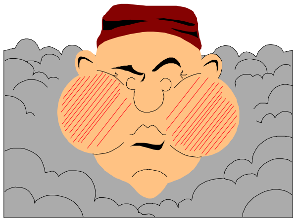 The cartoon shows a man with an exaggeratedly large head looking out of a window into clouds filled with faces; he has red cheeks and is wearing glasses over his eyes.