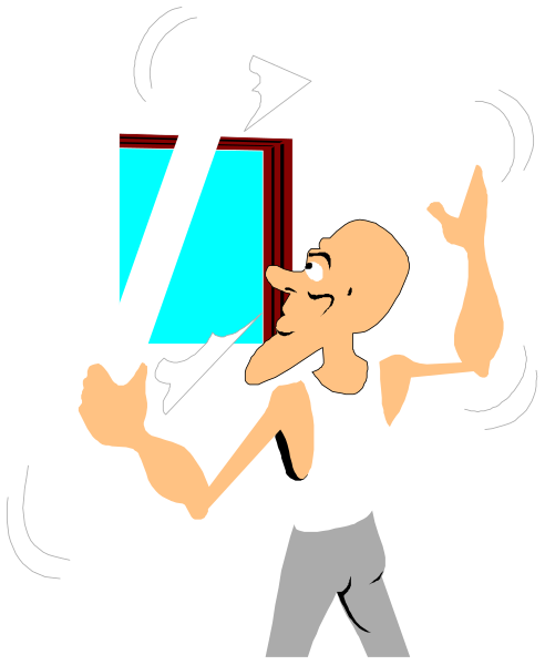 The cartoon shows a man holding up an old TV with his left hand while carrying it on his shoulder using his right arm; he is walking away from what appears to be a broken window in front of him, and there's no one else around except for this character.