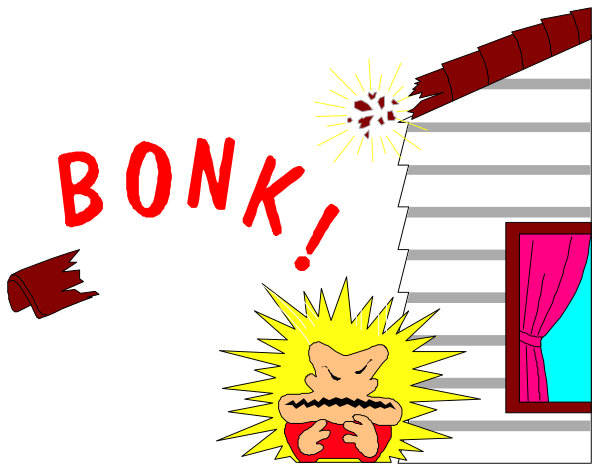 The cartoon shows a character with blonde hair standing outside of an open window at nighttime shouting "BONK!" while holding up their hands in excitement.