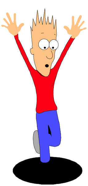 The cartoon shows a man with spiky hair jumping out of an open window while holding onto his red shirt to prevent falling; he is in mid-air against a dark background.