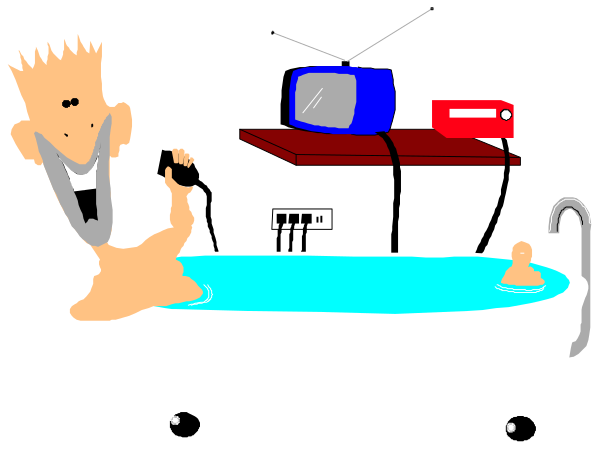 The cartoon shows a man sitting on an inflatable ring inside of a bathtub filled with blue water next to another person who is standing in front of him holding two remotes; there's also a TV and some other items around them, suggesting that this scene takes place indoors.