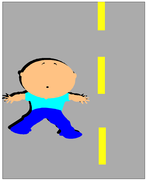 The image shows a cartoon of an animated character standing on top of a yellow line painted down the middle of a gray road with white lines marking lanes to either side.