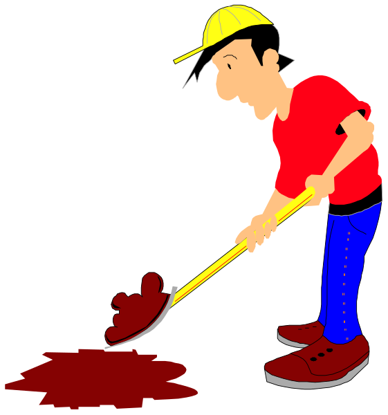 The cartoon shows a man using an ice scraper to clean up spilled liquid on his floor while wearing red shoes with white soles; he is standing in front of a door that has been opened slightly, and there's no visible text within this image.