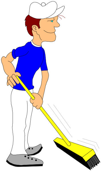 The cartoon shows a man with red hair wearing blue clothes holding an orange shovel over his shoulder while standing on what appears to be grass in front of him.