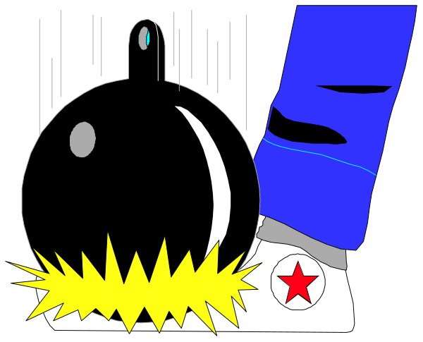 The image shows a cartoon of an explosion with various elements such as fireworks, smoke, stars, and debris flying around it against a dark background; there is also a bomb in the foreground on top of which rests what appears to be a blue object that resembles a helmet or mask.