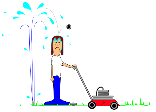 The cartoon shows a person using an industrial vacuum cleaner to suck up water from flooding caused by rainwater pouring out of broken pipes in their backyard during heavy downpour weather conditions.