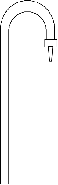 The image shows a black and white photo of an umbrella with its handle pointing upwards against a gray background.