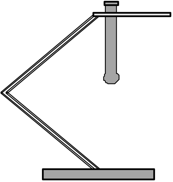 The image shows a black and white illustration of two different types of light fixtures: on top is an overhead track lighting fixture with adjustable arms extending from it; below that is a floor lamp featuring one vertical arm supporting a single bulb at its end, which can be adjusted for height or angle.