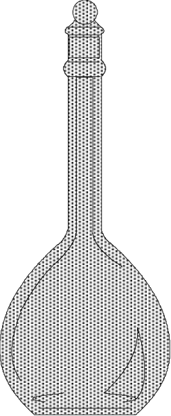 The black and white photo shows a bottle with an elongated neck on top of it.