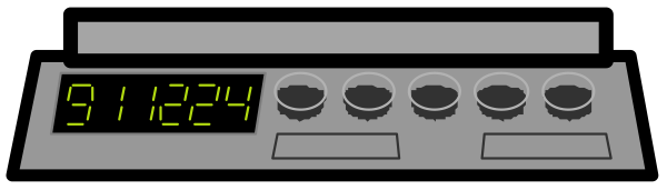 The image shows a digital clock with buttons on its side set against a grey background.