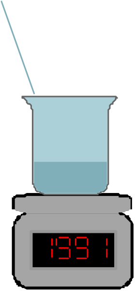 The image shows a digital scale with an object on it that reads "139g" next to a beaker filled with water under what appears to be a faucet labeled 20°C, indicating temperature control for brewing tea in this context. There is also a timer display showing the time as approximately one minute and forty seconds past noon (as indicated by the red hands on the clock). The background of the image has been edited out or obscured to focus attention solely on these items.