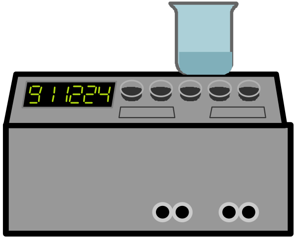 The image shows a cartoon depiction of an indoor laboratory with various scientific equipment such as beakers on shelves, test tubes hanging from racks, and flasks placed in front of them; there is also a digital display showing "91234" atop the counter to the right.