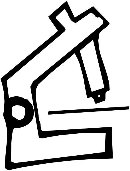 The black and white silhouette of a microscope with an open drawer on top is shown against a dark background.