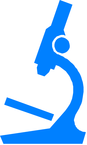 The image shows a stylized blue microscope with an eye piece on top of it against a white background.