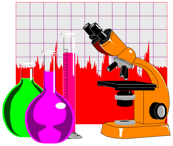 The image shows a microscope on top of a lab bench with various test tubes nearby; there's also an oscilloscope displaying waveforms in front of it all set against a backdrop that includes graphs and charts, suggesting scientific research is taking place or being presented.