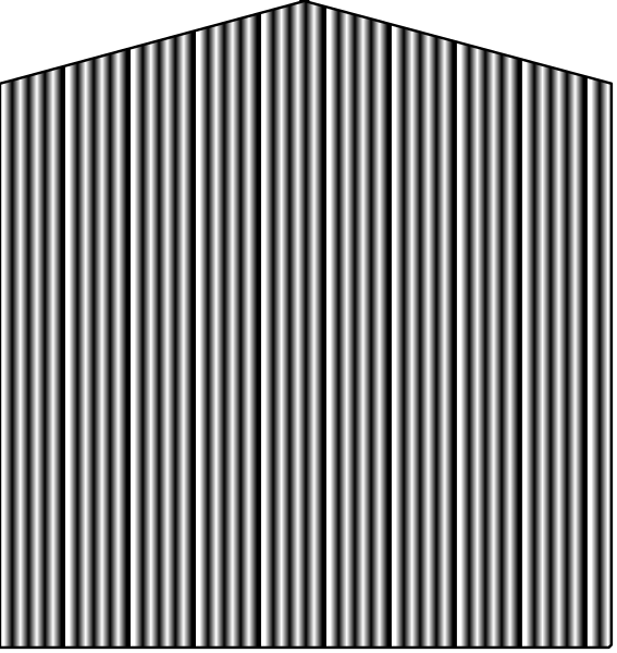 The image shows two views of a barn with metal siding against different backgrounds: on top is an overhead view looking down at the roof structure; below it is another perspective showing one side wall from ground level, emphasizing its vertical lines and corrugated pattern.