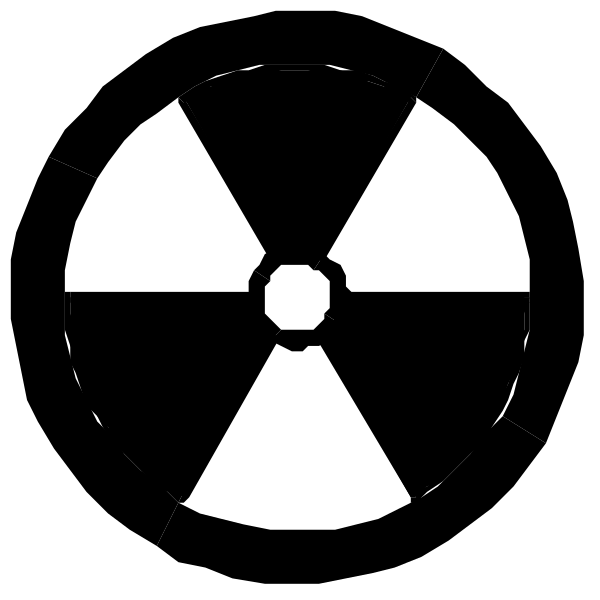 The black and white logo of a radiation symbol with an exclamation mark inside it on a dark background.
