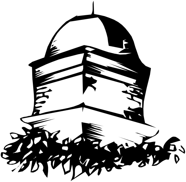 The black and white silhouette of a building with shattered glass windows on its facade is shown against an indistinct background in this clip-art image.
