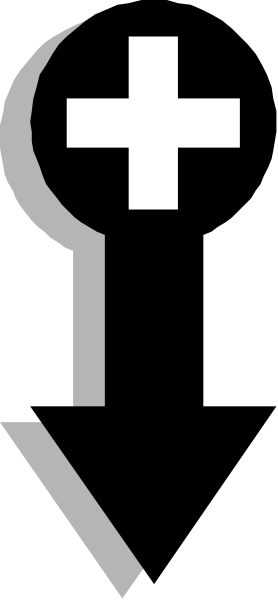 The image shows a cross with an icon above it that resembles a crescent moon on top of what appears to be a stylized letter 'c'.