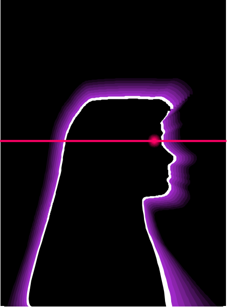 The image shows a black silhouette of an adult female figure with long hair against a purple background; there is also a red line that appears to be emanating from her head towards another point in space, which could represent a laser beam or some form of energy projection.