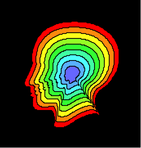 The image shows a colorful brain with two faces on either side of it against a black background.