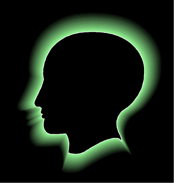 The image shows a black silhouette of an adult human head with glowing green eyes against a dark background on top left corner; below it is another smaller graphic that appears to be a stylized face, possibly representing a child's profile view in white and light blue tones set within the outline of what seems like a speech bubble or thought balloon.
