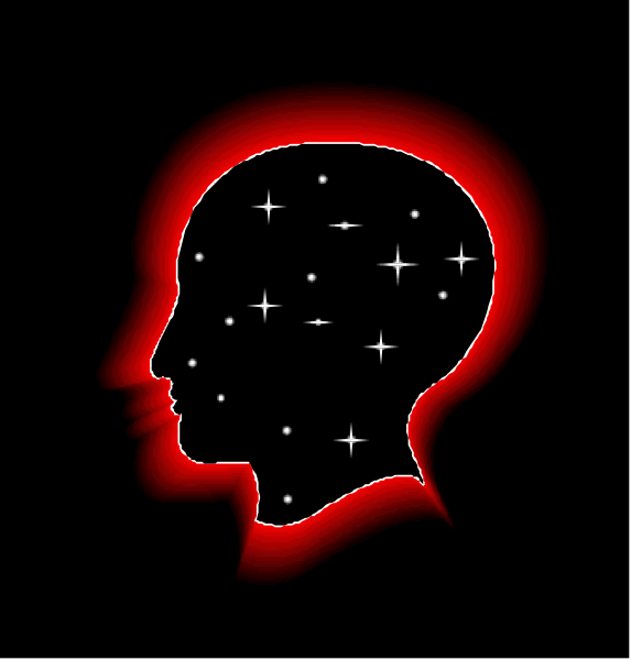 The image shows a graphic of an astronaut's head with stars around it against a black background on top half, while bottom half is red in color featuring silhouette of human face profile view.