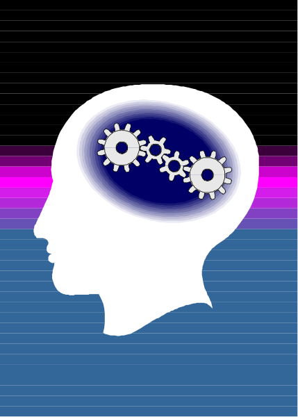 The image shows a stylized representation of an adult human head with gears inside it against a blue background on top right corner.
