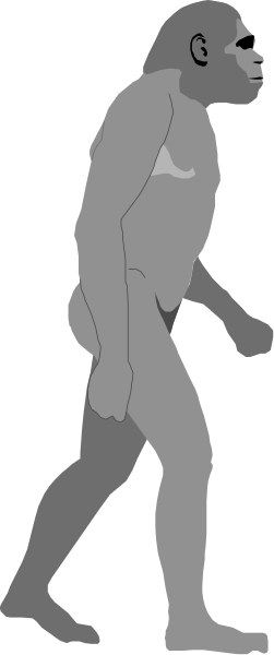 The black and white silhouette of a humanoid figure walking on two legs with no arms against an indistinct background.