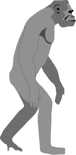 The image shows a gray cartoon of an anthropomorphic figure resembling Bigfoot walking on two legs with its arms outstretched in front of it against a black background.