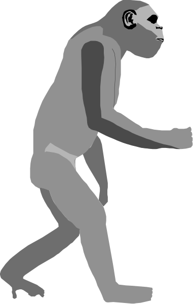 The image shows a gray cartoon of an upright gorilla walking on two legs with its arms outstretched as if it's carrying something in each hand.