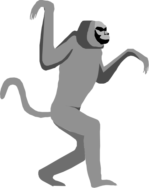 The image shows a cartoon monkey standing upright on its hind legs with arms outstretched as if dancing against a black background.