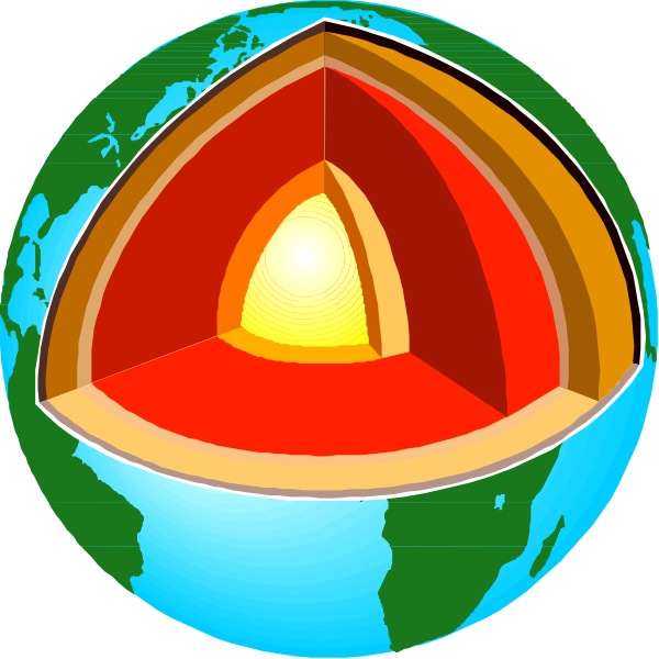 The image shows a globe with two cross sections of Earth's interior: on top is an illustration representing volcanic activity (red cone) inside which there appears to be molten rock; below it, another section depicts what seems like magma or lava chambers beneath the surface.