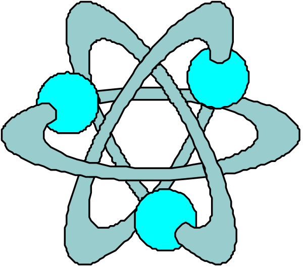The image shows a stylized atomic symbol with three blue spheres orbiting around it on either side of an atom-like structure that is connected by lines to form what appears to be a molecular model within a larger circle, all set against a black background.