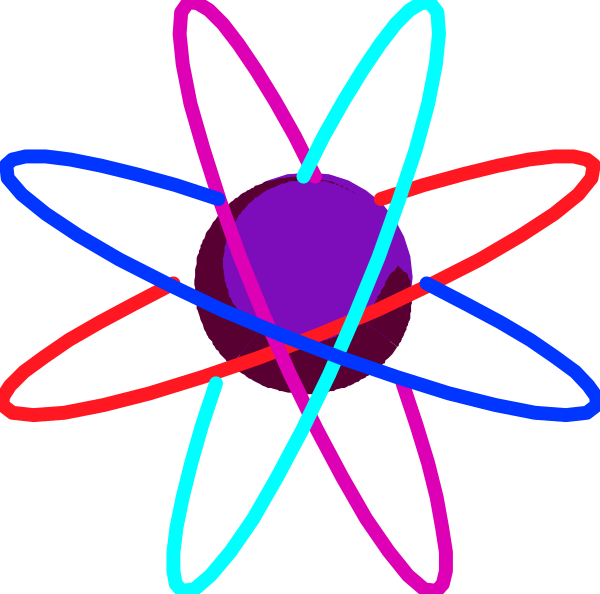 The image shows a simple representation of an atom with three orbiting electrons depicted as red lines around it against a black background.