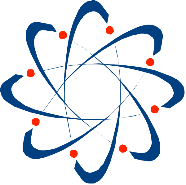 The image shows a stylized atomic model with electrons represented by red dots orbiting around nuclei connected to each other through blue lines on a black background.
