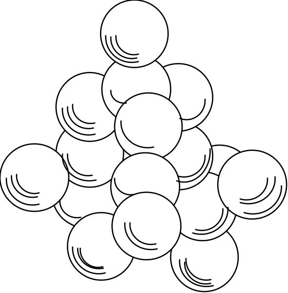 The black and white illustration shows two images of a cluster of spheres with varying numbers: 1) six balls in one image; 2) seven balls in another image. There is no text present, so there's nothing to describe about actions or setting as they are not depicted here. It appears that the focus is solely on comparing and contrasting these two images based on their content of spheres. The style suggests a simple line drawing with shading for depth representation.
