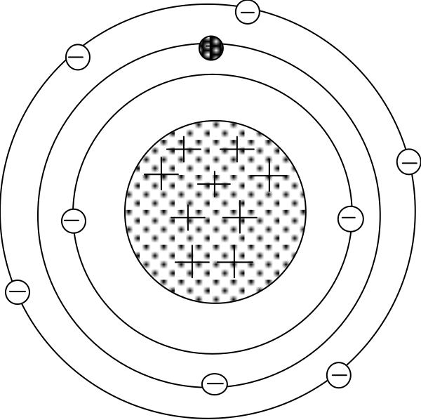 The image shows a black and white representation of an atom with electrons orbiting around it at various distances from its nucleus.