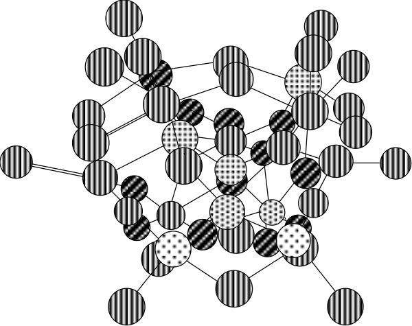 The image shows a black and white graphic of various shapes that resemble molecules with chemical structures around them against a dark background.