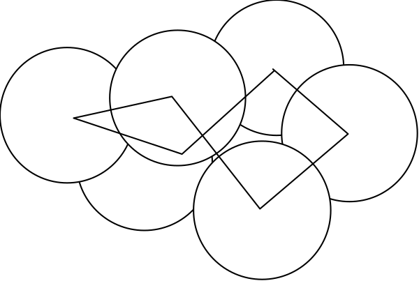 The image shows a black and white illustration of several circles with varying sizes arranged to resemble an abstract pattern on what appears to be a dark background.