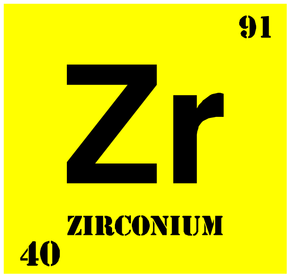 The periodic table element symbol for zirconium (Zr) with atomic number 91 is displayed on a yellow background within an atom-like structure that resembles its chemical formula ZrO2, which represents it as being in oxidation state +4 and bonded to two oxygen atoms. Below the periodic table element symbol for zirconium (Zr), there's text "zirconium" followed by a subscript number 91 indicating atomic number of this chemical element. The image is set against a black background with white borders, giving it