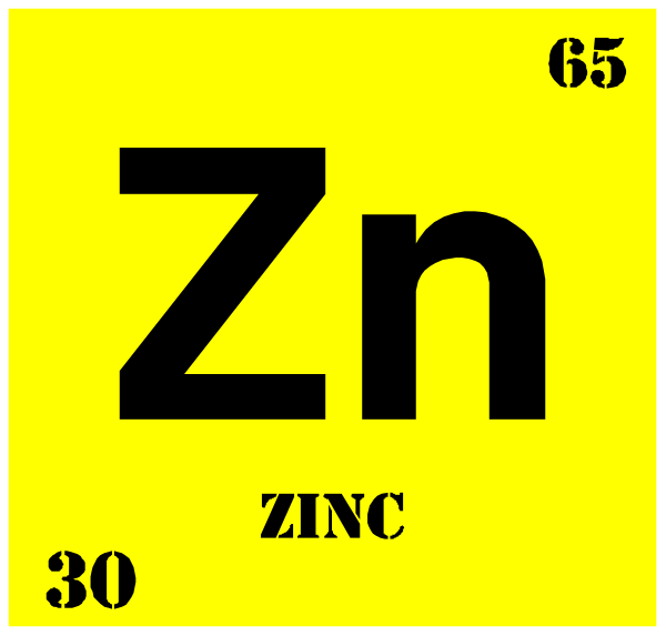 The periodic table with atomic number of zinc highlighted as 30.