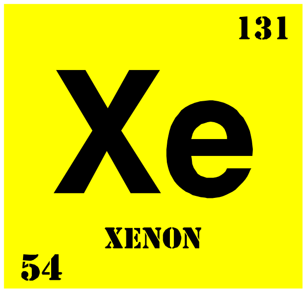 The periodic table element symbol Xe with atomic number 54 displayed above it on a yellow background within an atom-like structure resembling helium's inertness to chemical reactions; below, "XENON" is written across its nameplate and there are two electrons shown. To the right of this image, another periodic table element symbol Xe with atomic number 54 displayed above it on a yellow background within an atom-like structure resembling helium's inertness to chemical reactions; below, "XENON" is written