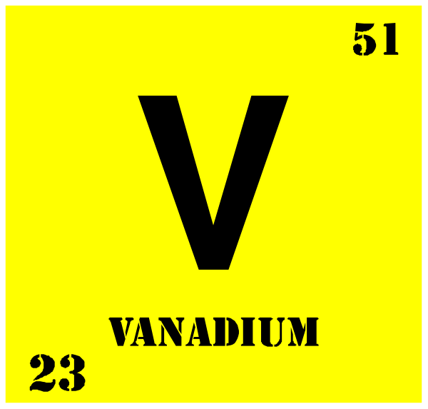 The periodic table element symbol "V" for Vanadium on a yellow background with atomic number 51 is shown in this image. It's part of an educational material about chemistry elements. There isn't any other object, person, animal, action or setting visible here. This clip-art focuses solely on the representation and information related to vanadium within periodic table context. The text "VANADIUM" is prominently displayed above its symbol 'V'.