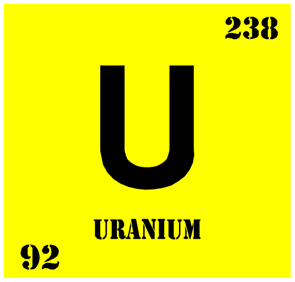 The atomic symbol for uranium with a periodic table number 92 next to it on top of another yellow box that says "Uranium". There is also an image in bottom right corner showing two people standing near each other, one person has their hand raised and appears to be pointing at the text. They are both wearing dark clothing against a light background with trees visible behind them.