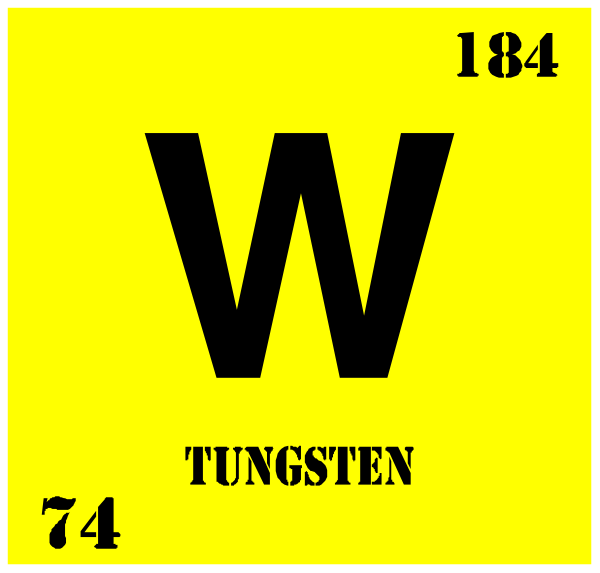 The image shows a periodic table with an atom symbol for tungsten (W) highlighted by being enlarged to twice its normal size compared to other elements on the chart.