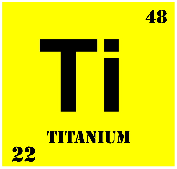 The periodic table element symbol "Ti" with atomic number 50 is displayed on a yellow background within an atom-like structure that resembles helium's electron shell arrangement; it has two electrons in its outermost energy level and one proton, indicating the chemical properties of titanium. The image also contains text "Titanium" at the top right corner with atomic number 29 beneath it on a black background within an atom-like structure that resembles helium's electron shell arrangement; this is likely to represent the element symbol for